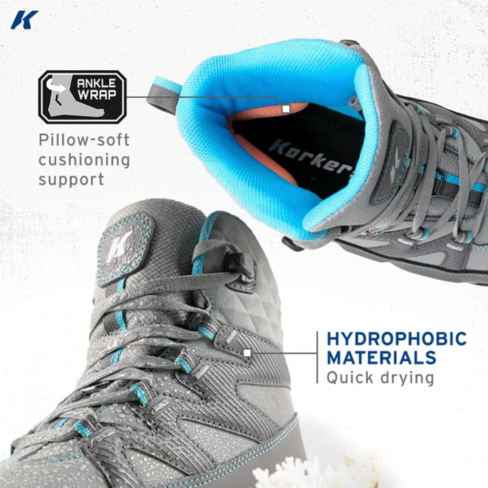 Korkers Bantam Lite women's gray lace-up wading boots with turquoise padded ankle collar, hydrophobic quick-dry synthetic