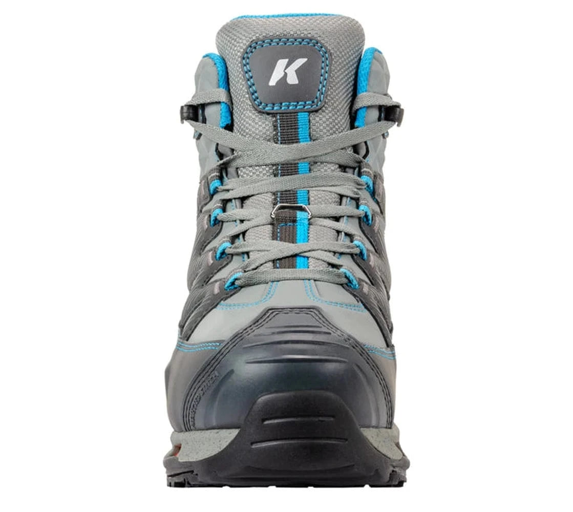 Korkers women's Bantam Lite gray and teal lace-up wading boot with mesh upper, rubber toe cap and rugged outsole