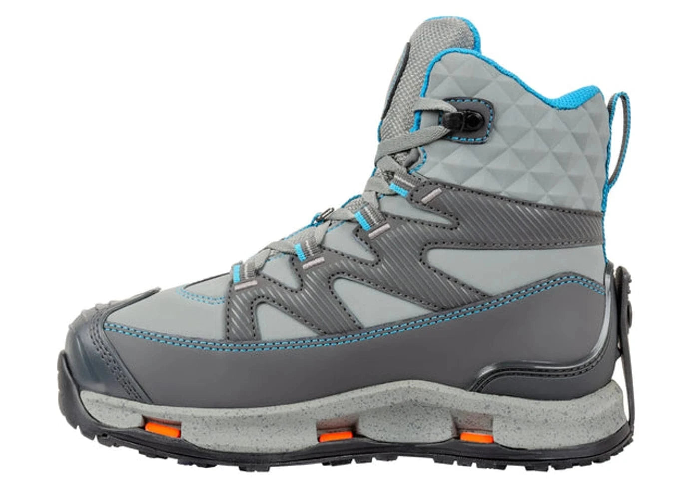 Grey and teal Korkers women's wading boot, mid-top lace-up neoprene upper, textured rubber sole with orange traction inserts
