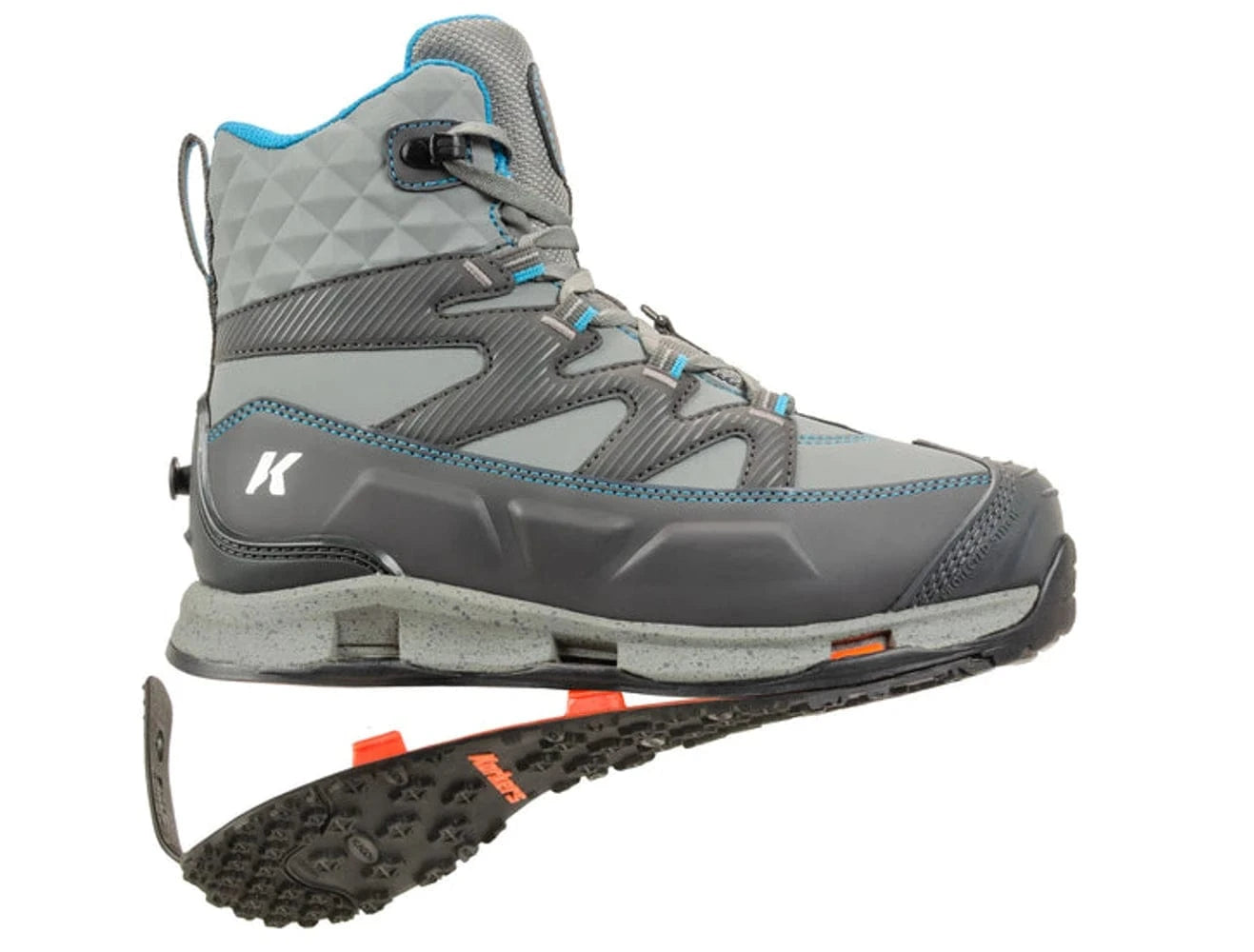 Korkers women's grey high-top wading boots with aqua trim, synthetic waterproof upper and detachable cleated sole