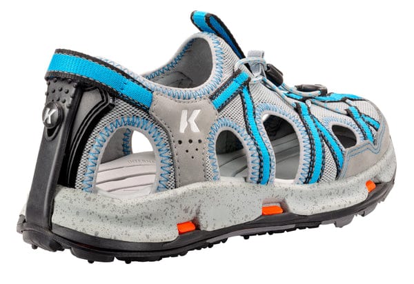 Korkers women's closed-toe sandal in gray neoprene with blue webbing, bungee lace and speckled cushioned sole