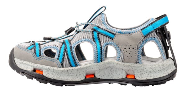 Korkers women's Swift closed-toe sport sandal in gray mesh and suede with blue webbing, speckled midsole and bungee lace