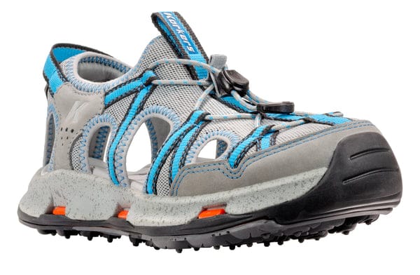 Korkers Women's Swift closed-toe sport sandal, gray mesh with teal accents, black rubber toe cap and lugged outsole