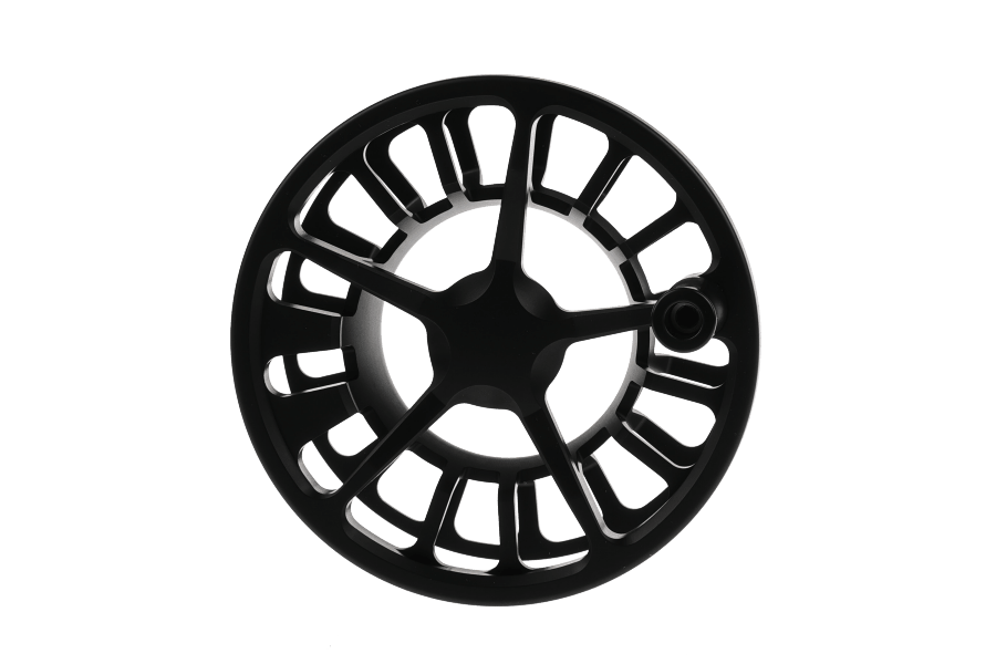 Black anodized Lamson Arx II spare fly reel spool with spoked, open-cut design and center arbor, shown on white background