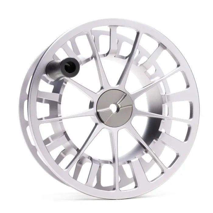Lamson spare spool, silver machined alloy large-arbor reel with skeletonized spokes and black handle knob
