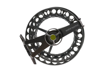 Lamson fly reel matte black aluminum large-arbor vented spool with green drag knob