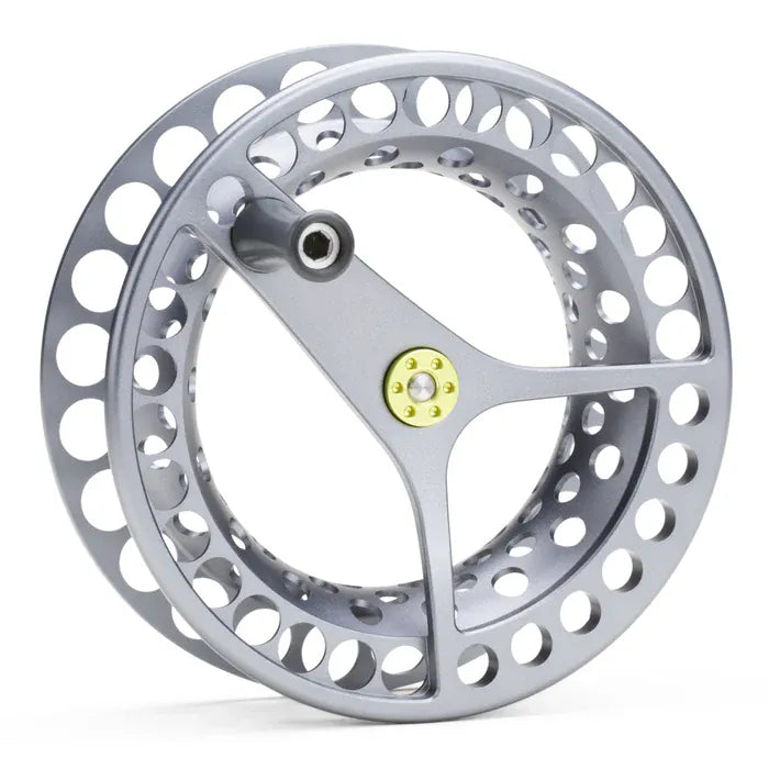 Lamson Force SL II spare spool, silver machined aluminum fly reel spool with vented circular holes and gold hub accent