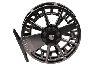 Matte black anodized Lamson Guru S fly reel, large-arbor machined aluminum spool with skeletonized spokes