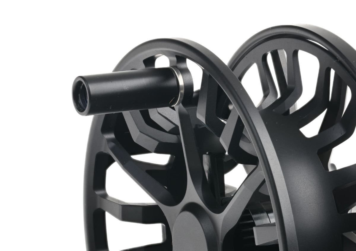 Matte black anodized Lamson Guru S fly reel with open-machined aluminum spool and oversized arbor