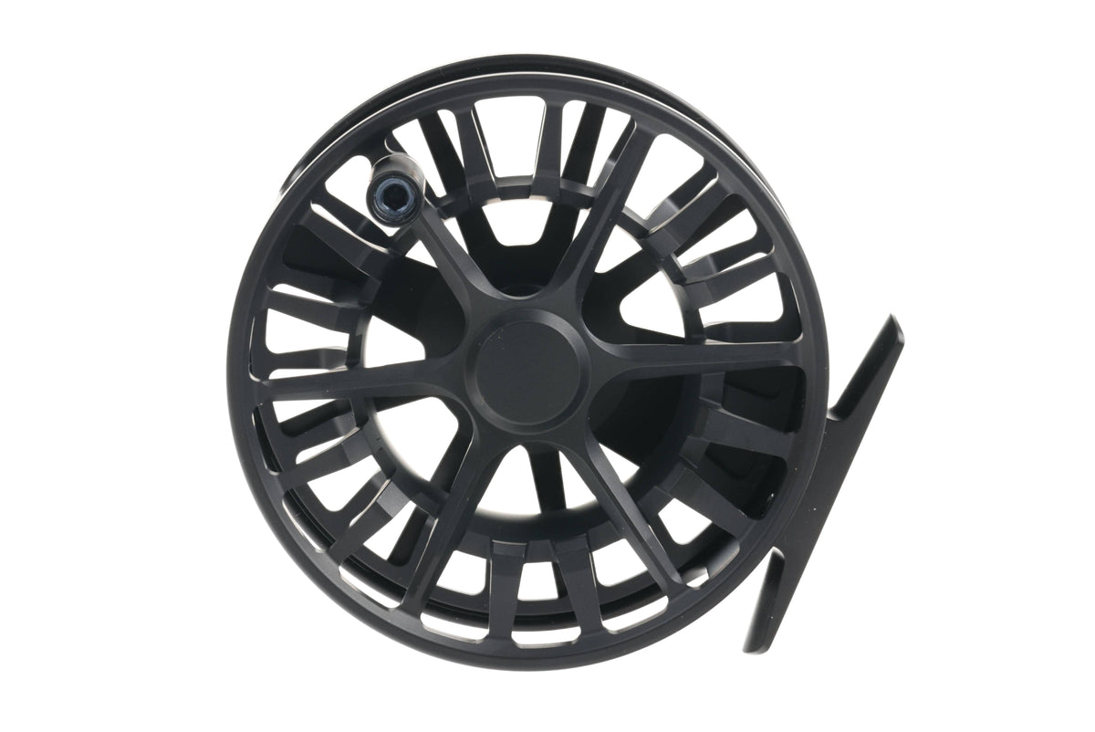 Lamson Guru S matte black machined aluminum large-arbor fly reel with open-spoke spool and single-arm handle