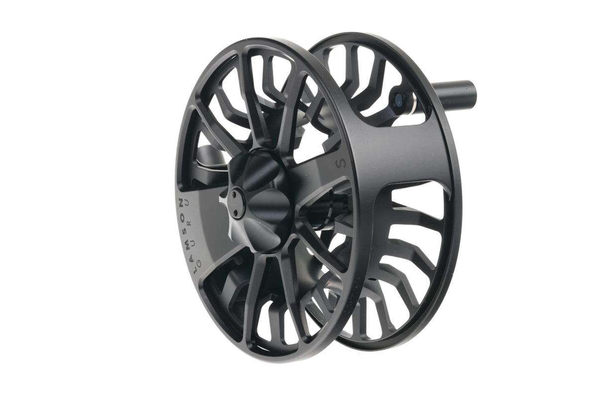 Matte black machined aluminum Lamson Guru S fly reel with skeletonized large-arbor spool and silver hub
