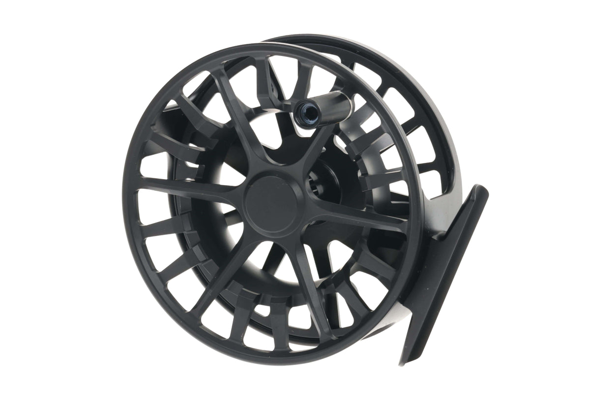 Matte black machined aluminum Lamson Guru S fly reel with large-arbor vented spool and skeletonized design