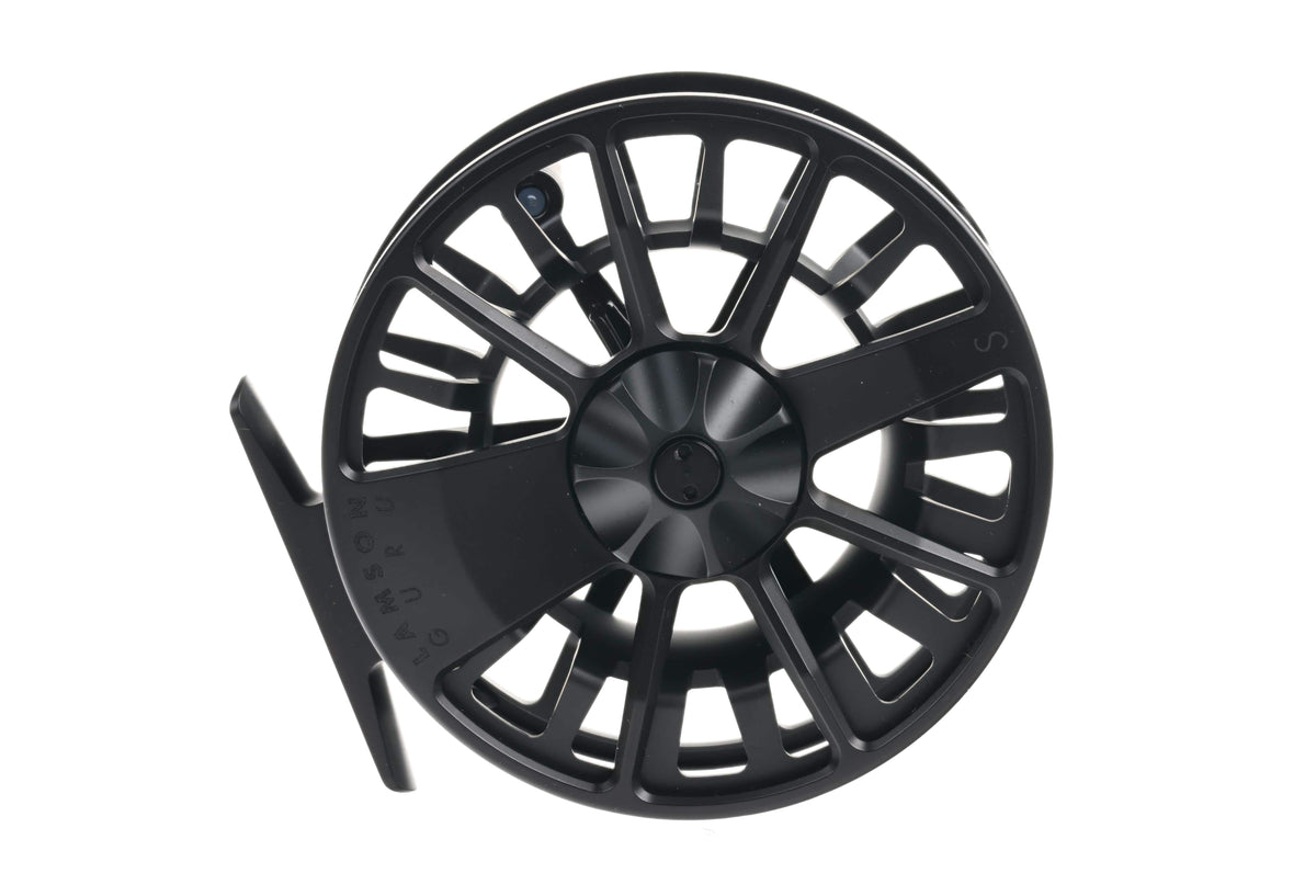 Black anodized aluminum Lamson Guru S large-arbor fly reel with ventilated spoke spool and matte finish
