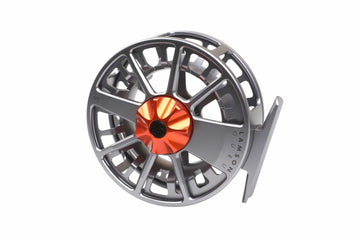 Matte gunmetal Lamson Guru S HD aluminum fly reel with orange anodized drag knob and large arbor spool