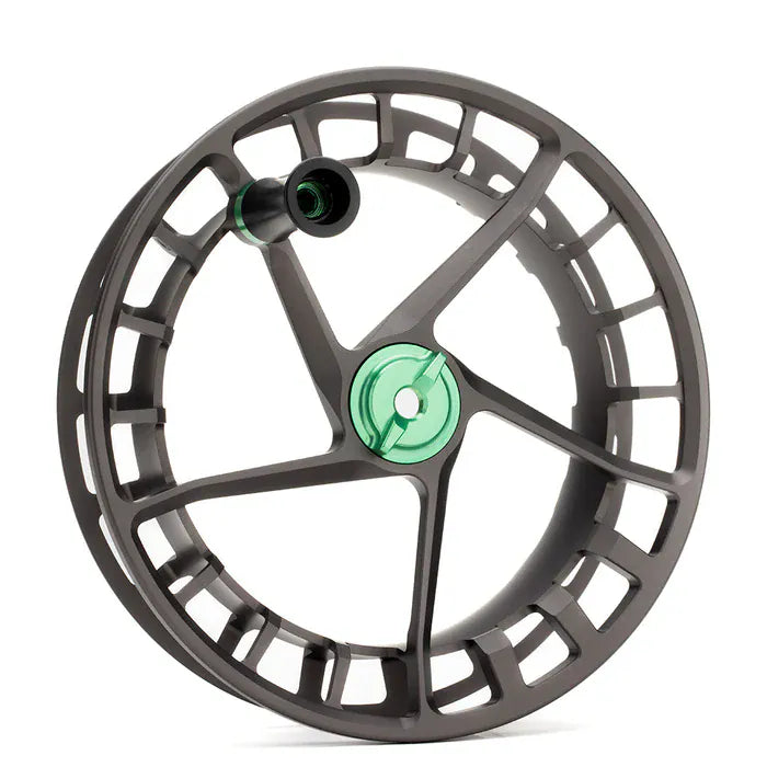Lamson Hyperspeed M spare spool, gray machined aluminum skeleton design with green anodized hub and drag knob, fly reel
