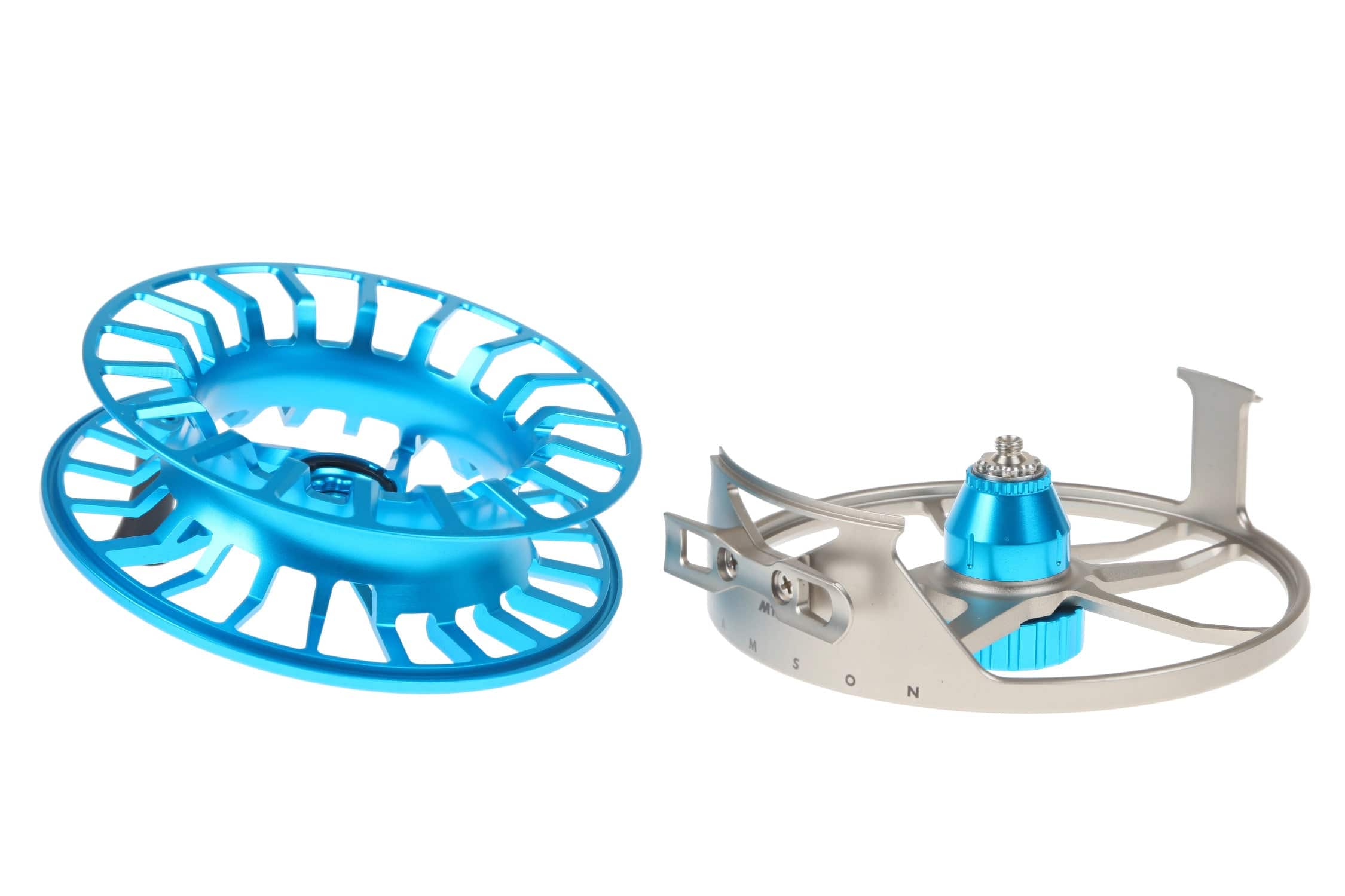 Lamson Litespeed M fly reel with bright blue anodized ventilated aluminum spools and silver machined frame and drag knob