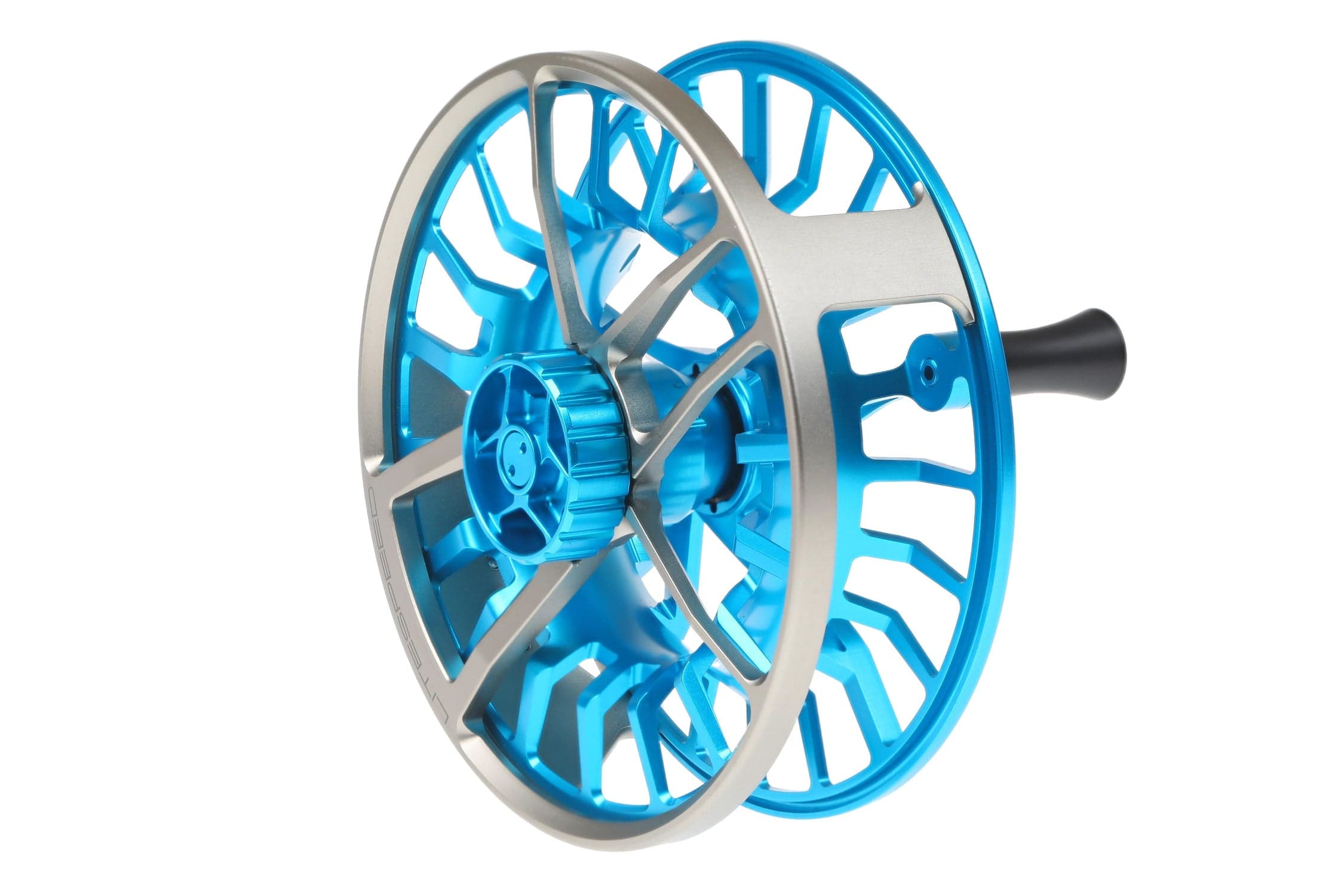 Lamson Litespeed M anodized blue and silver machined aluminum fly reel with large arbor and black handle