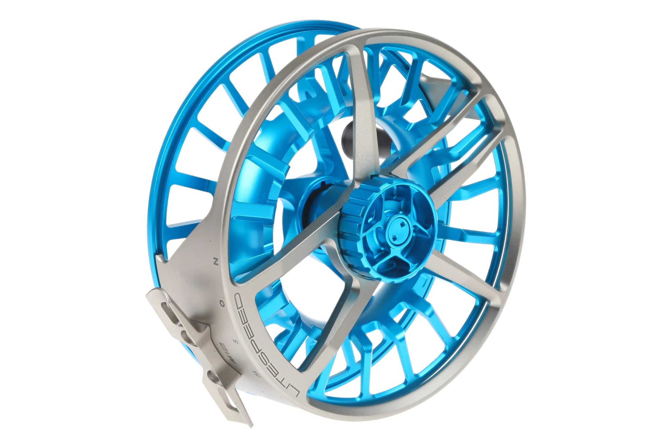 Bright blue anodized large-arbor aluminum Lamson Litespeed M fly reel with silver skeleton frame and machined drag knob