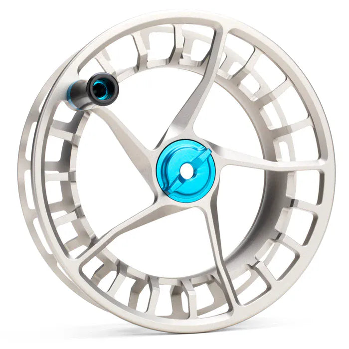 Silver machined aluminum Lamson Litespeed M spare fly reel spool, skeleton vented large-arbor with blue anodized drag