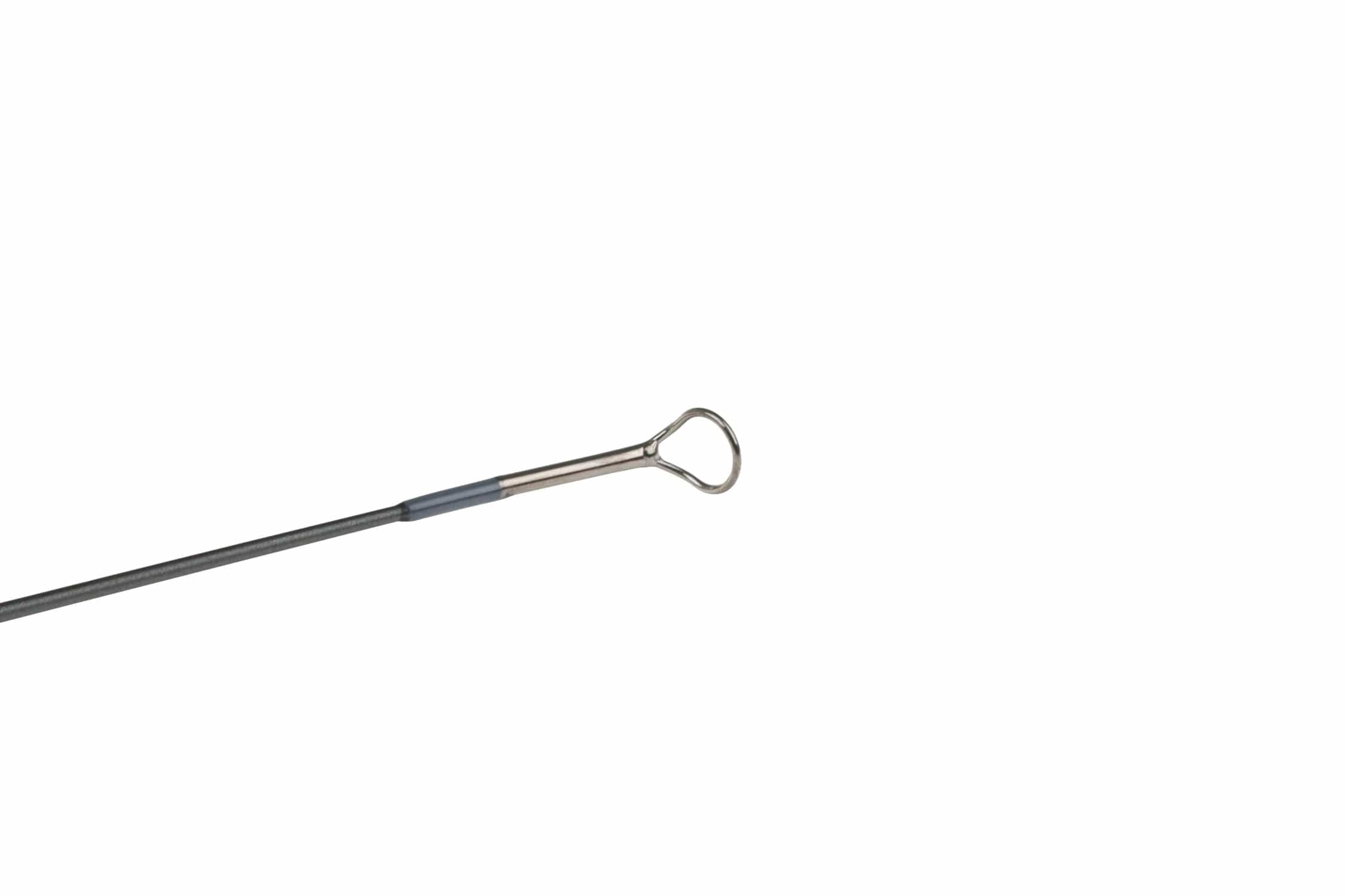 Lamson Liquid Max fly rod tip showing charcoal graphite blank, silver stainless guide ring and blue thread wrap