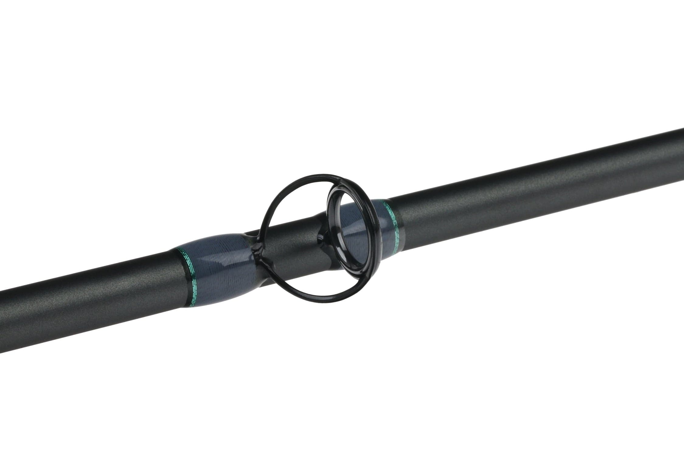 Lamson Liquid Max matte black graphite fly rod section with glossy black guide and blue wrap with green trim