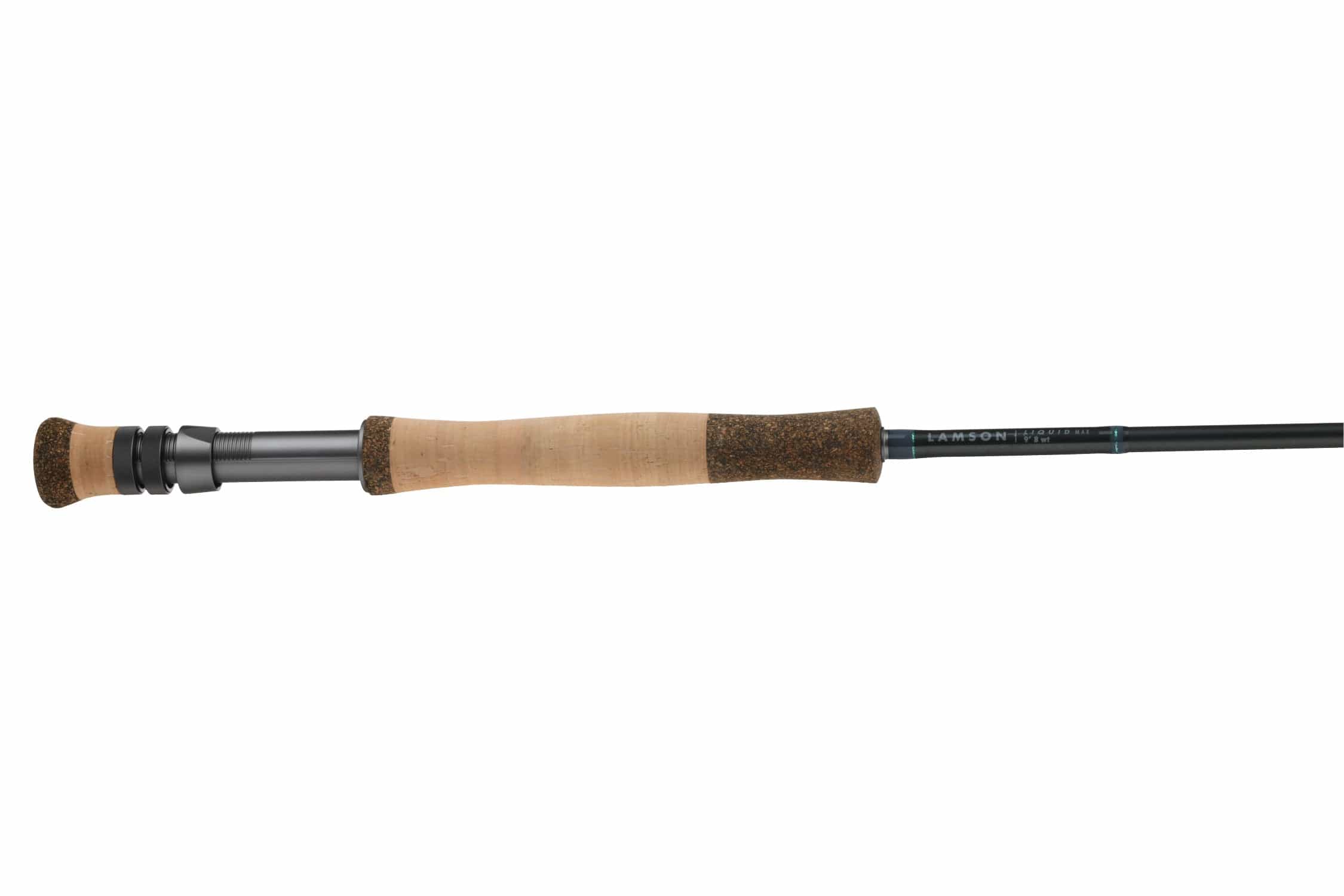 Lamson Liquid Max fly rod with light cork grips, black graphite blank, metal reel seat and teal logo accent