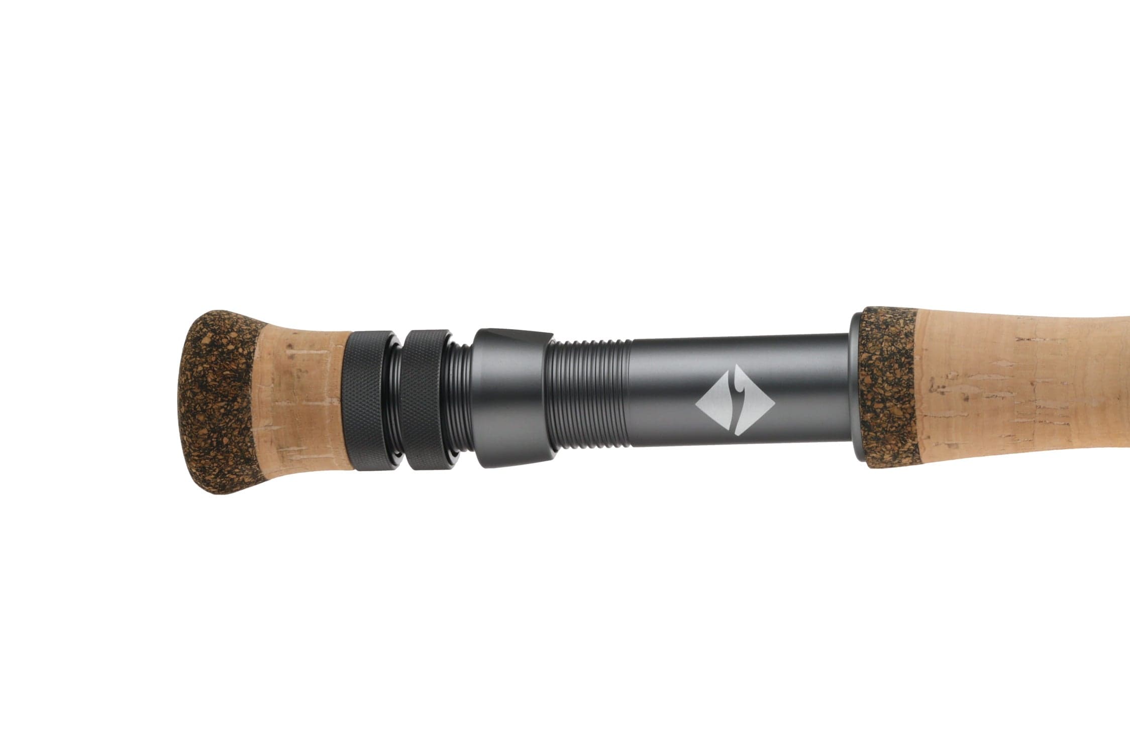Lamson Liquid Max fly rod matte black aluminum reel seat with logo and natural cork handle