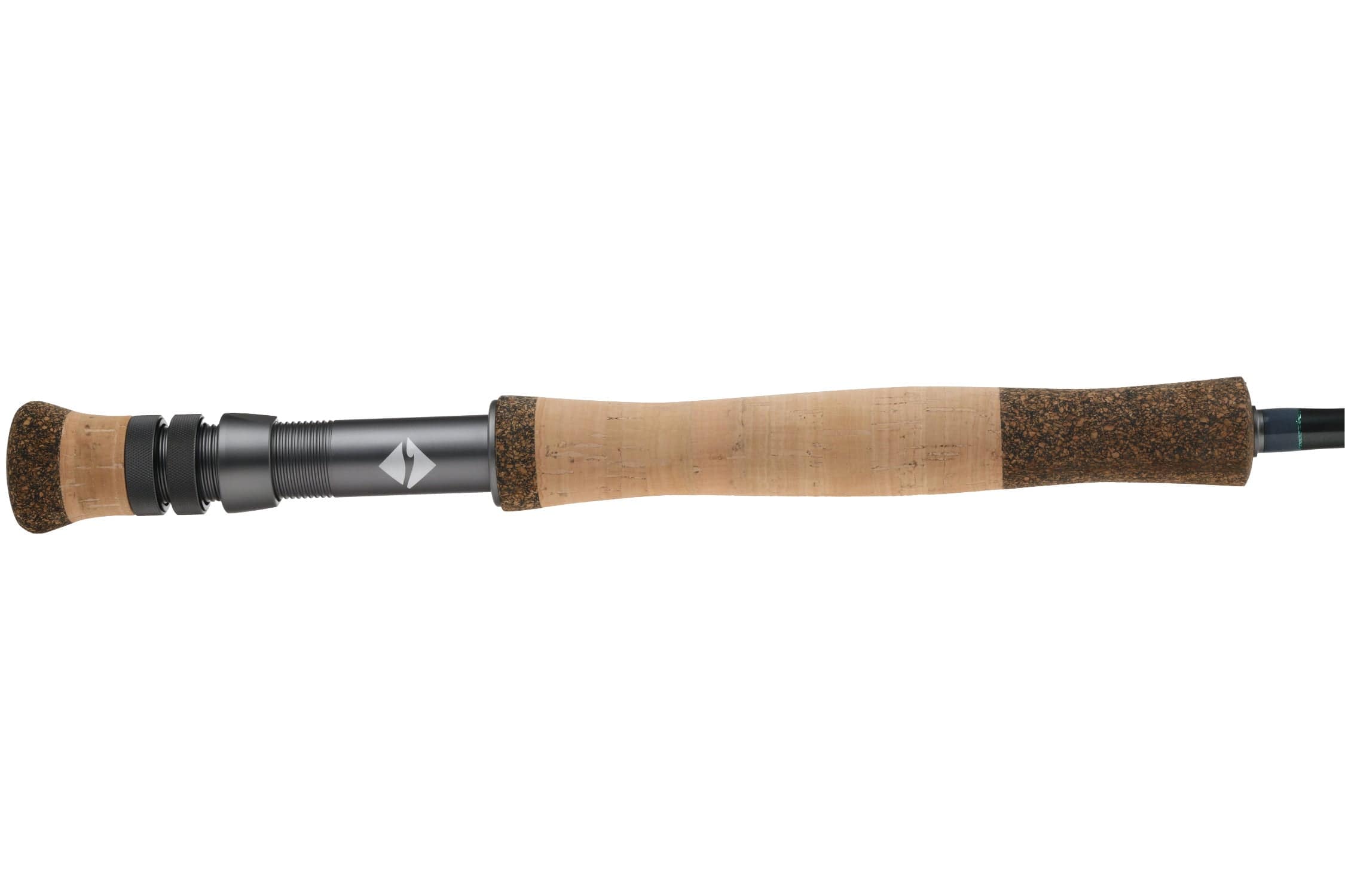 Lamson Liquid Max fly rod with natural cork handle and dark anodized reel seat, cork butt cap