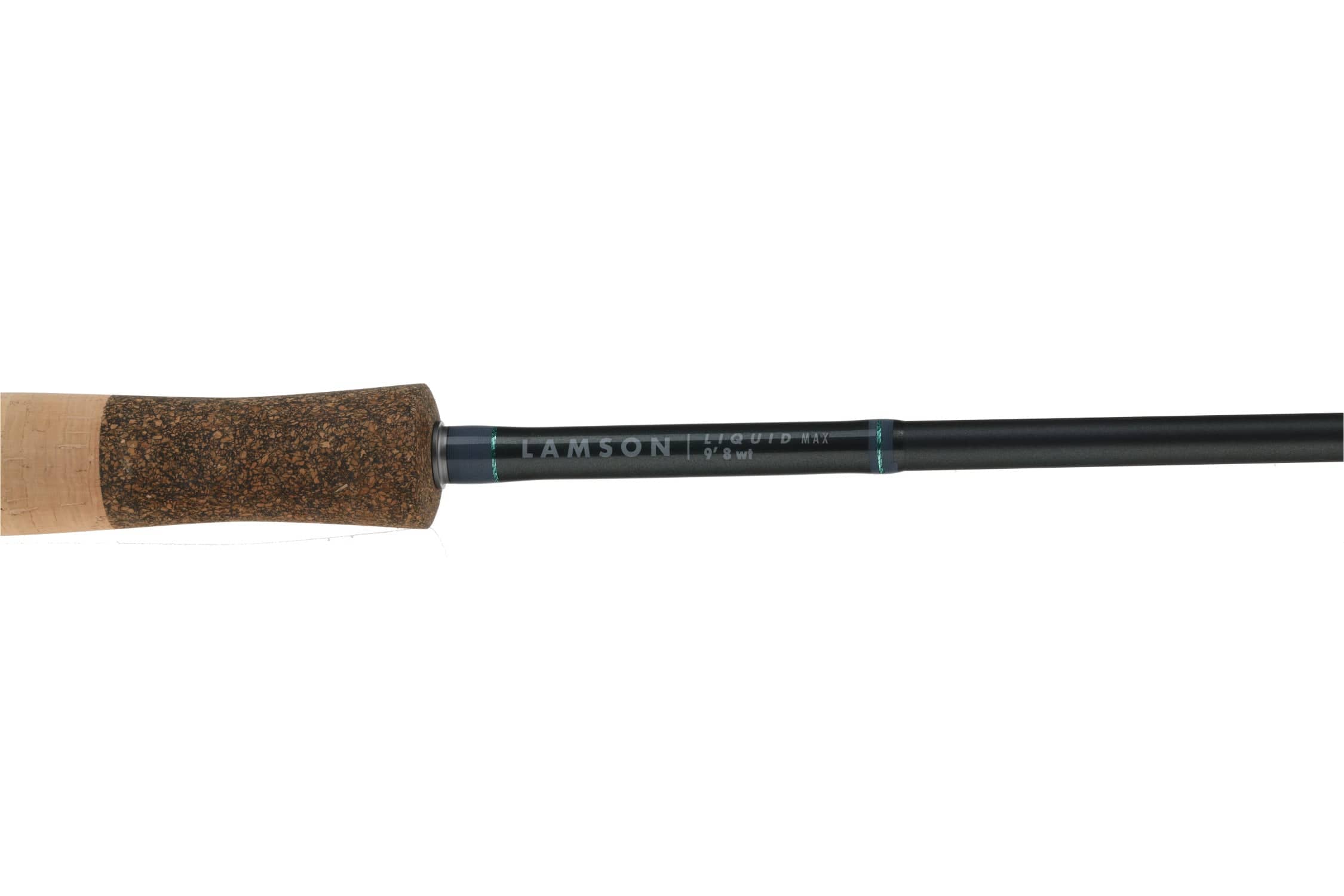 Lamson Liquid Max fly rod section with cork handle, matte black carbon blank and teal thread wraps