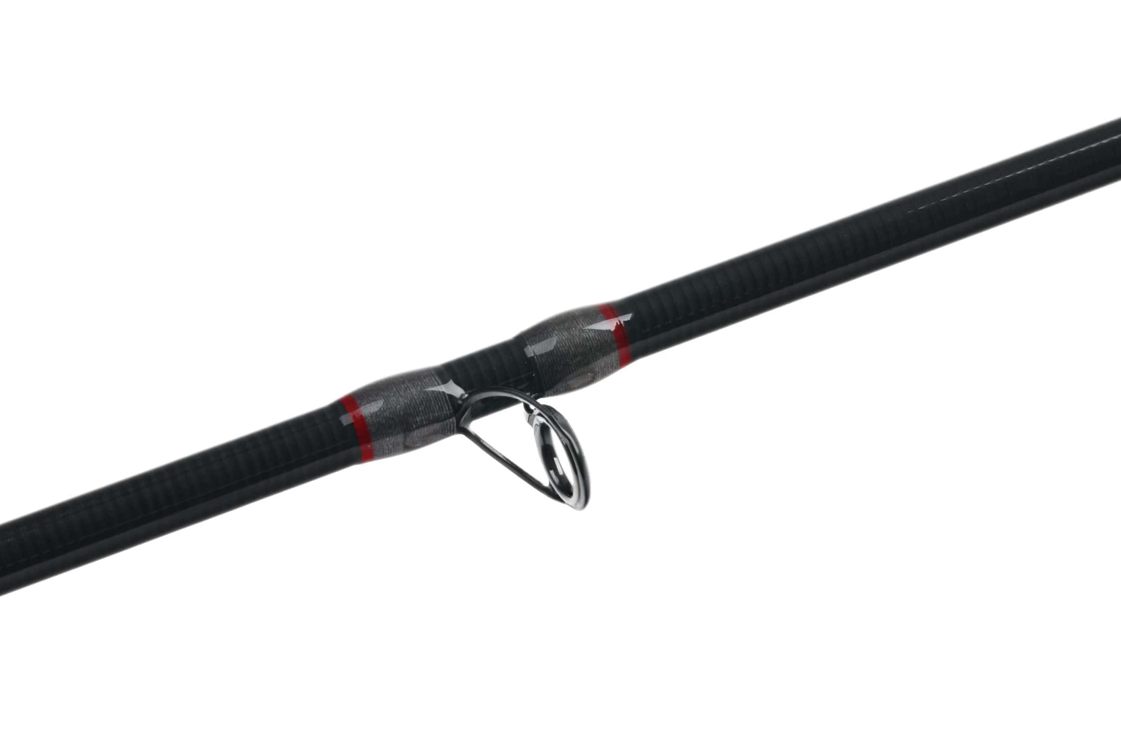 Lamson Purist fly rod close-up: black carbon fiber blank with red trim wraps and polished stainless steel guide ring