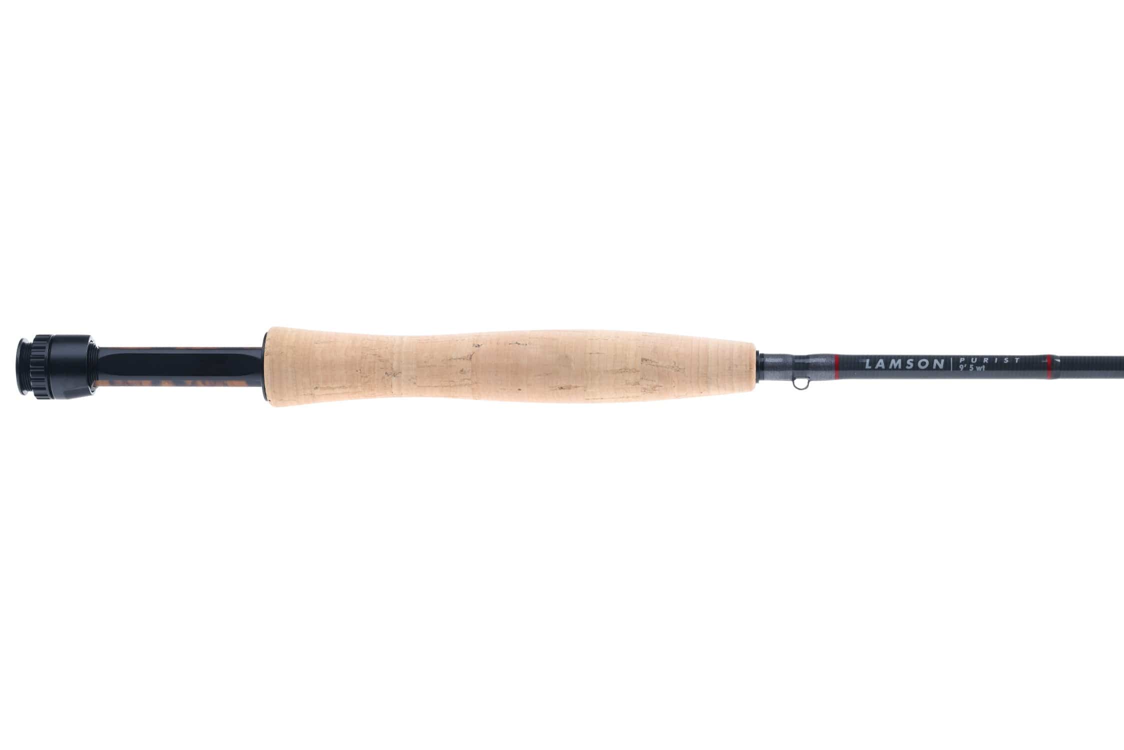 Lamson Purist fly rod with cork handle, black reel seat and dark graphite blank with Lamson logo and red accents