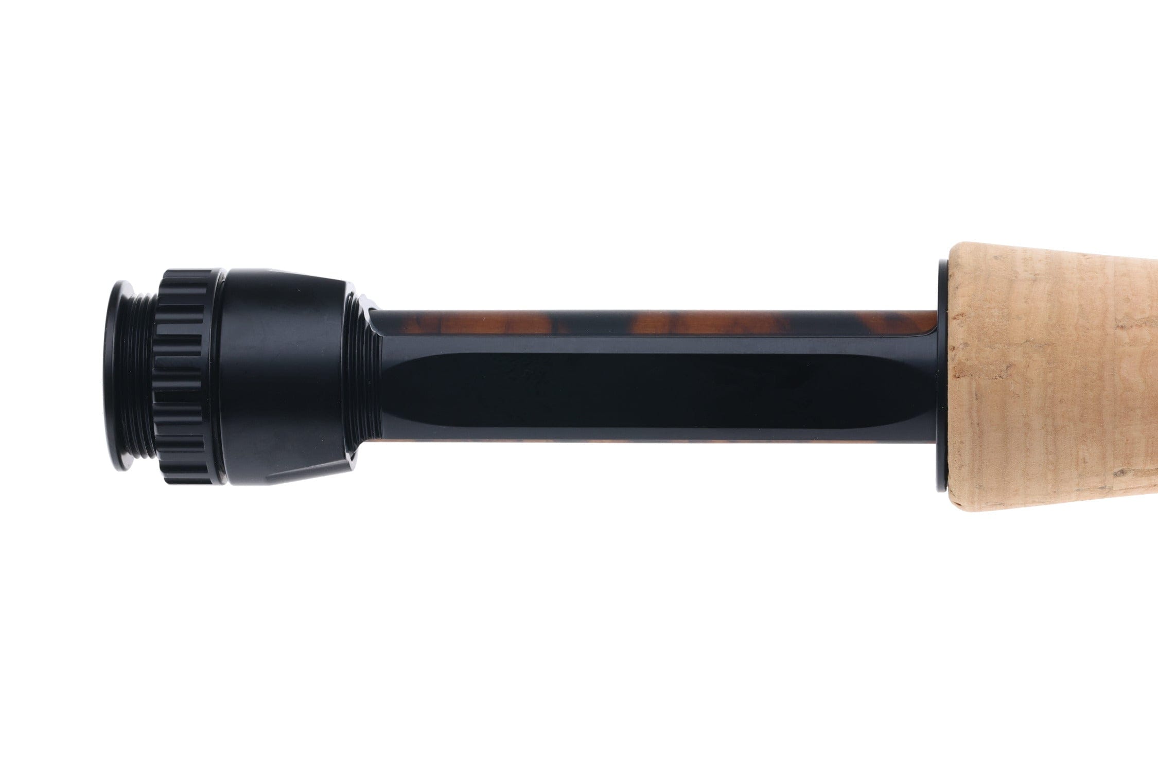 Lamson Purist fly rod close up showing black anodized reel seat with tortoiseshell insert and light cork handle