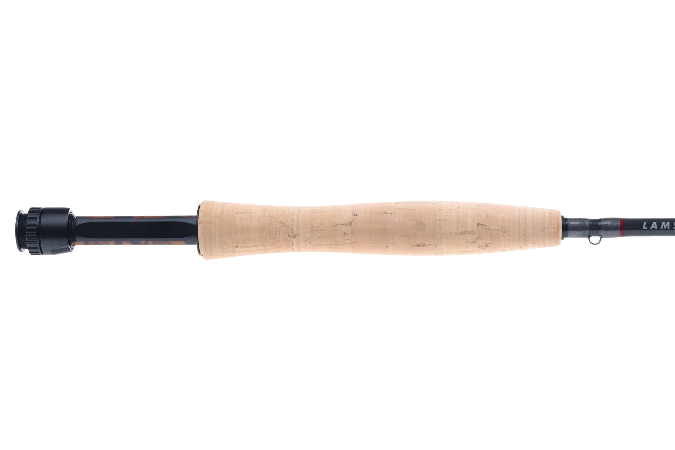 Lamson Purist fly rod with natural cork handle, black anodized reel seat and dark graphite blank with red accent