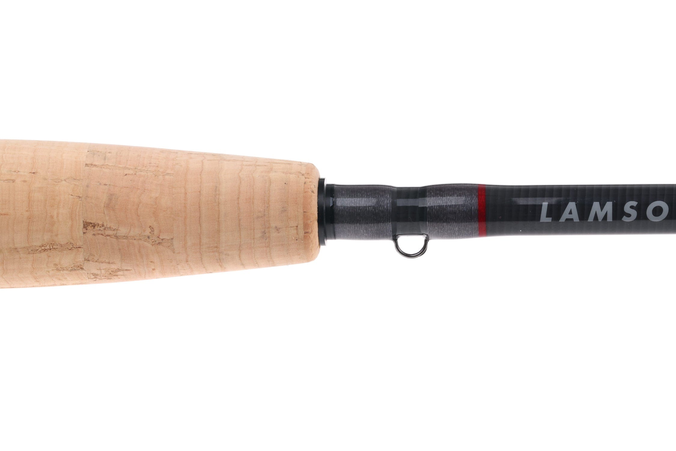 Lamson Purist fly rod with natural cork handle, dark carbon fiber blank, red trim and metal hook keeper