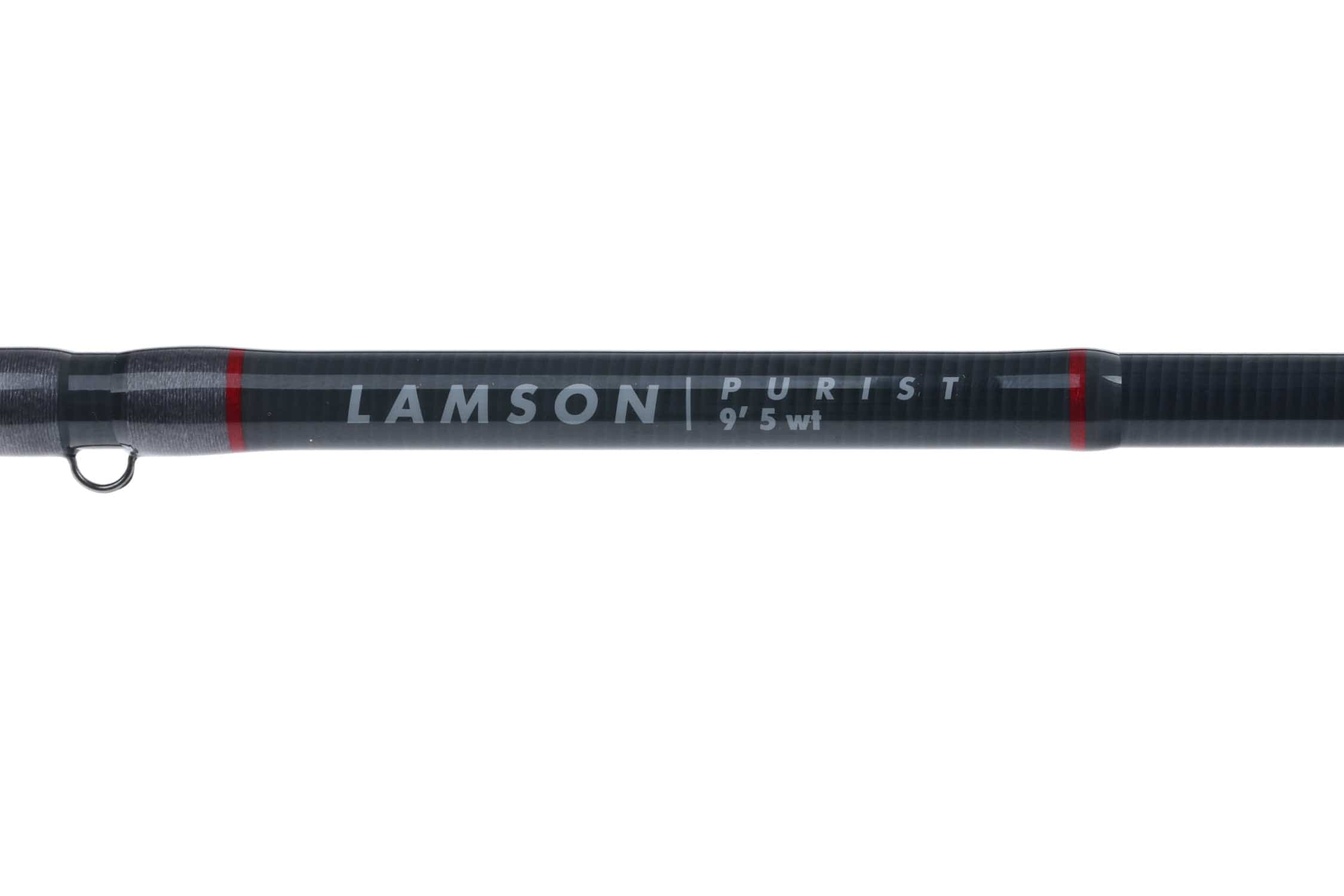 Lamson Purist 9'5 wt dark carbon fiber fly rod with matte black finish, red accent rings and silver Lamson logo