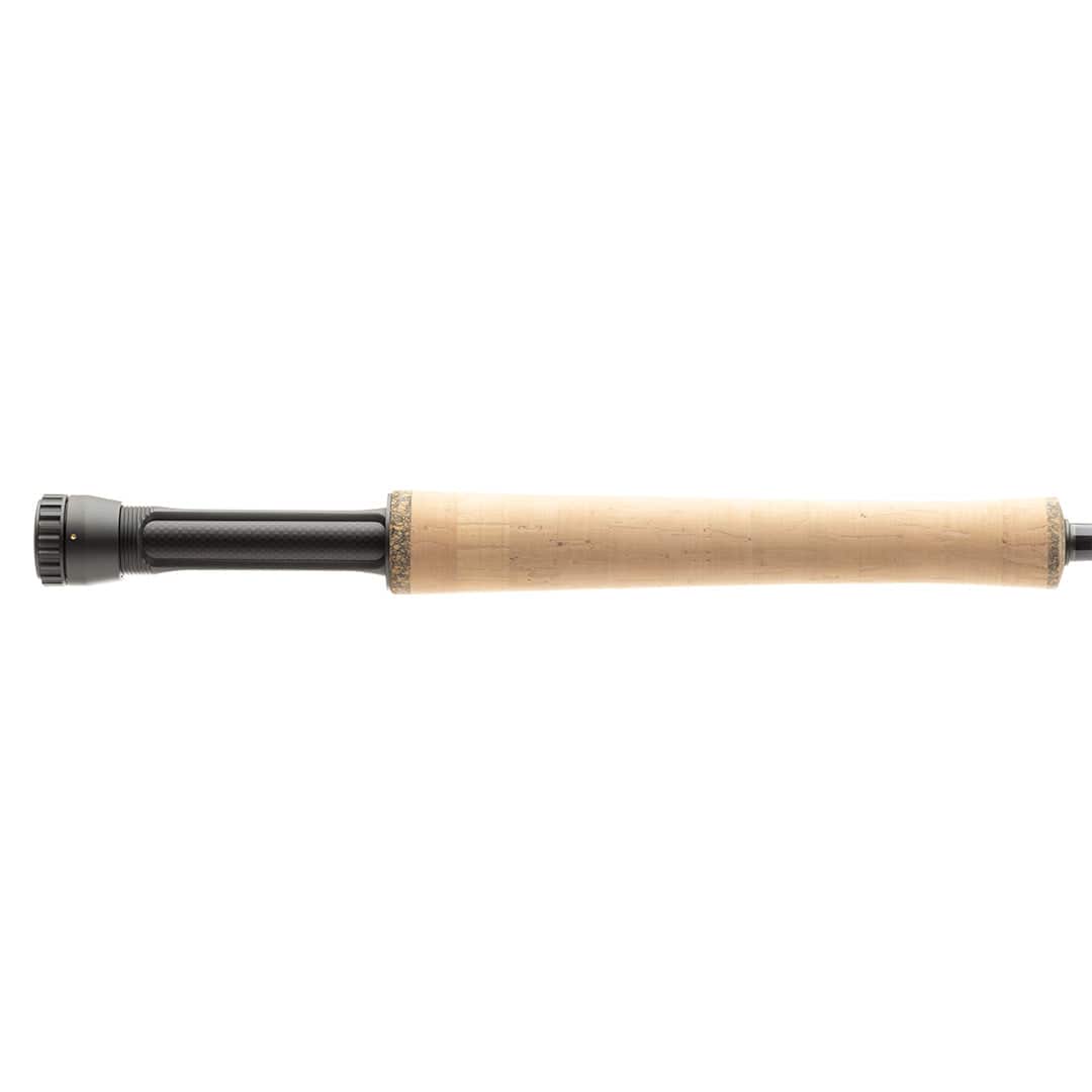 Lamson Speedster fly rod cork handle with light natural cork grip and black carbon reel seat, minimalist modern rod design