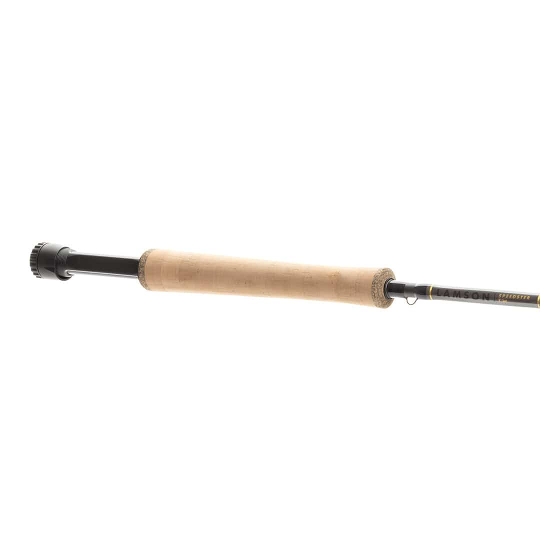 Lamson Speedster fly rod with natural cork handle, black anodized reel seat and graphite gray blank, sleek modern rod design