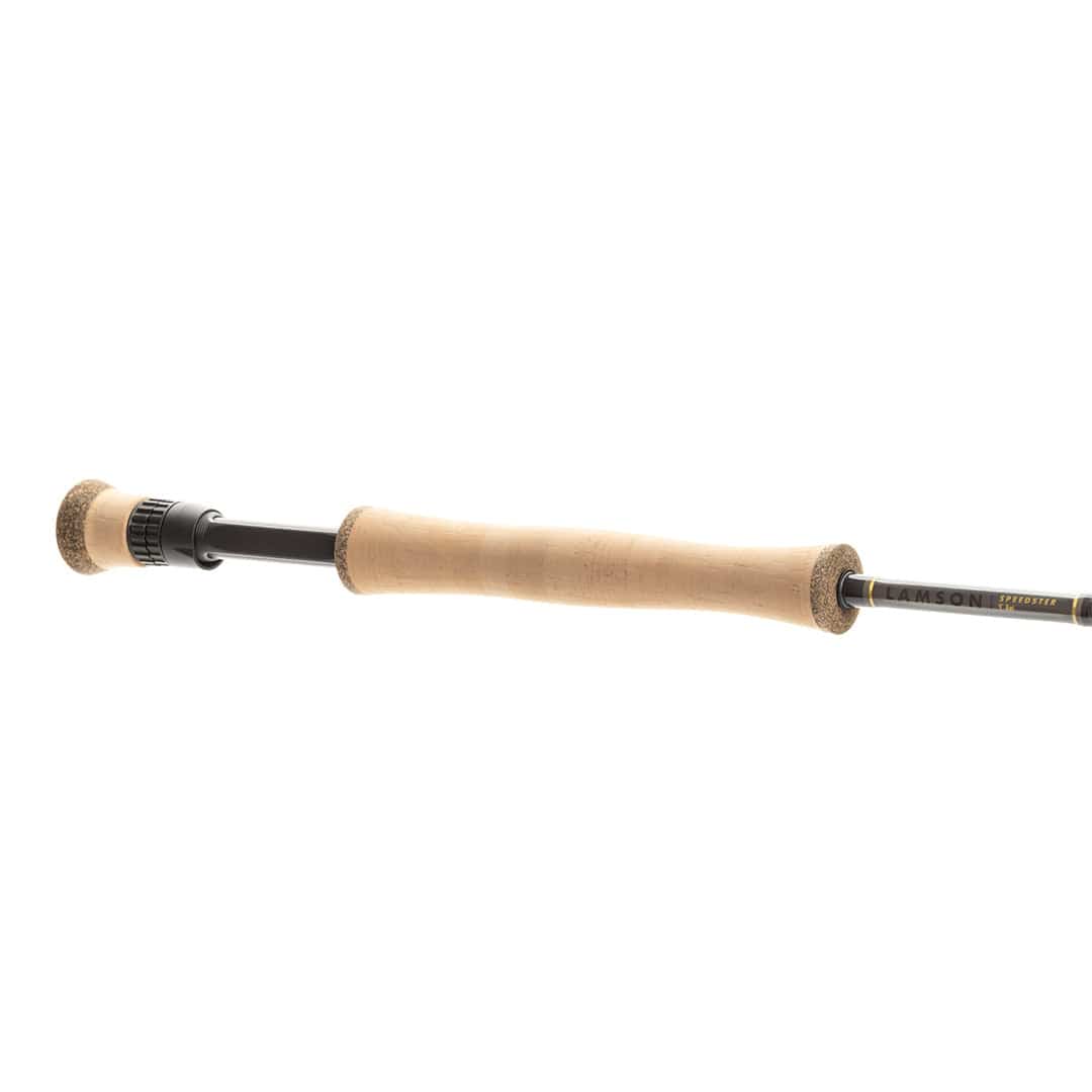 Lamson Speedster fly rod with light tan cork grip, cork butt, black anodized reel seat and slim graphite blank
