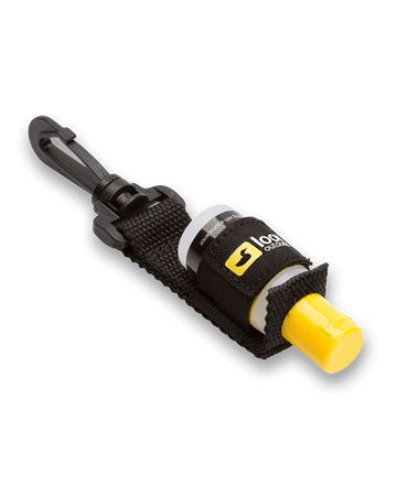 Loon Caddy black nylon clip-on accessory with plastic hook and yellow-capped bottle in elastic holder