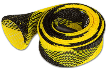 Coiled yellow and black braided mesh rod wraps with open-weave, flexible protective sleeve for fishing rods