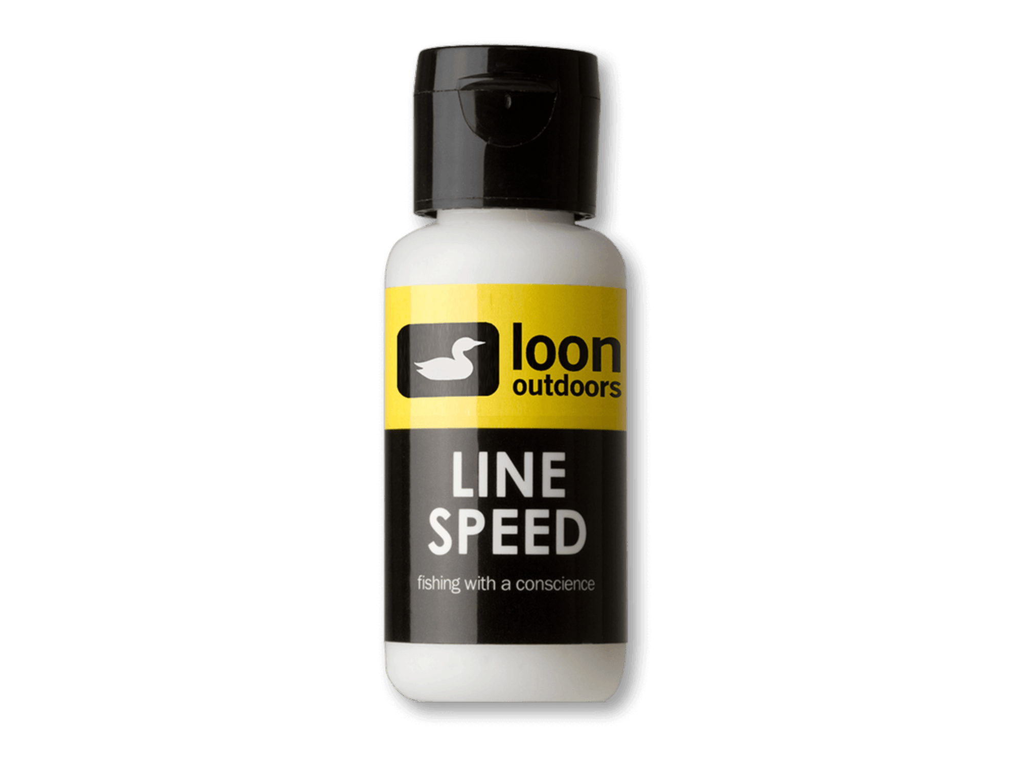 White plastic bottle with black flip cap and yellow Loon Outdoors label reading LINE SPEED, fly tying line conditioner