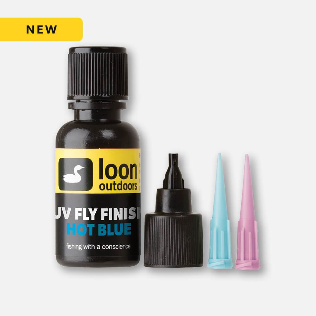 Loon UV Fly Finish Hot Blue bottle with black cap, dropper nozzle and spare blue and pink applicator tips for fly tying