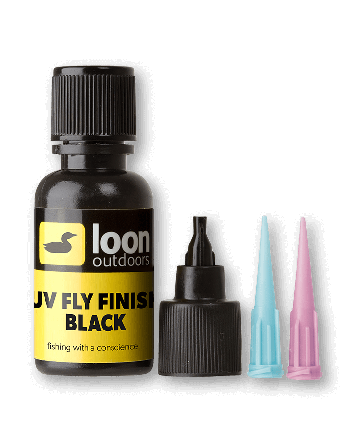 Loon black UV fly finish bottle with ribbed cap, extra applicator cap and blue and pink plastic tips for fly tying