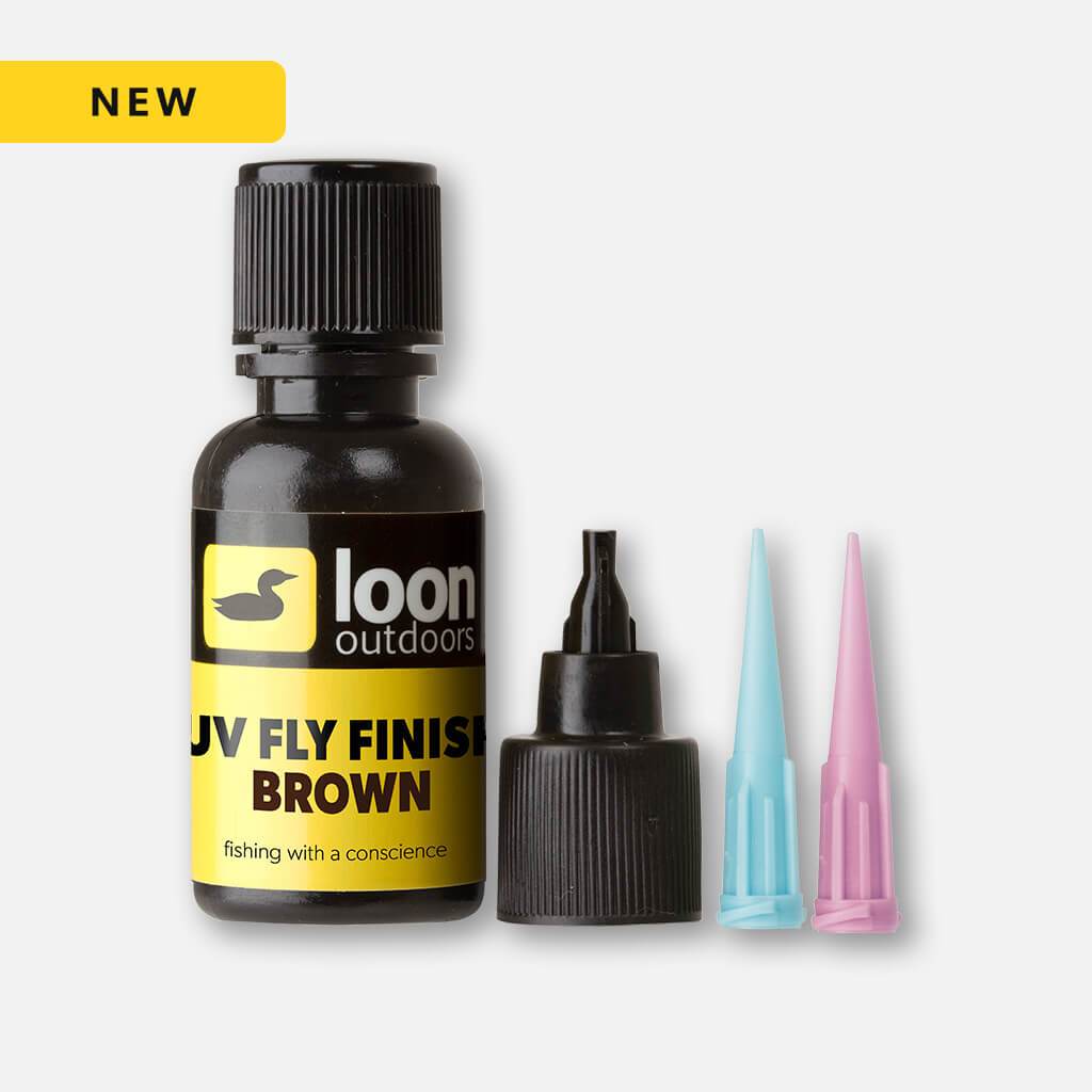 Loon UV Fly Finish brown bottle with black cap, spare applicator tip and blue and pink plastic nozzles for fly tying