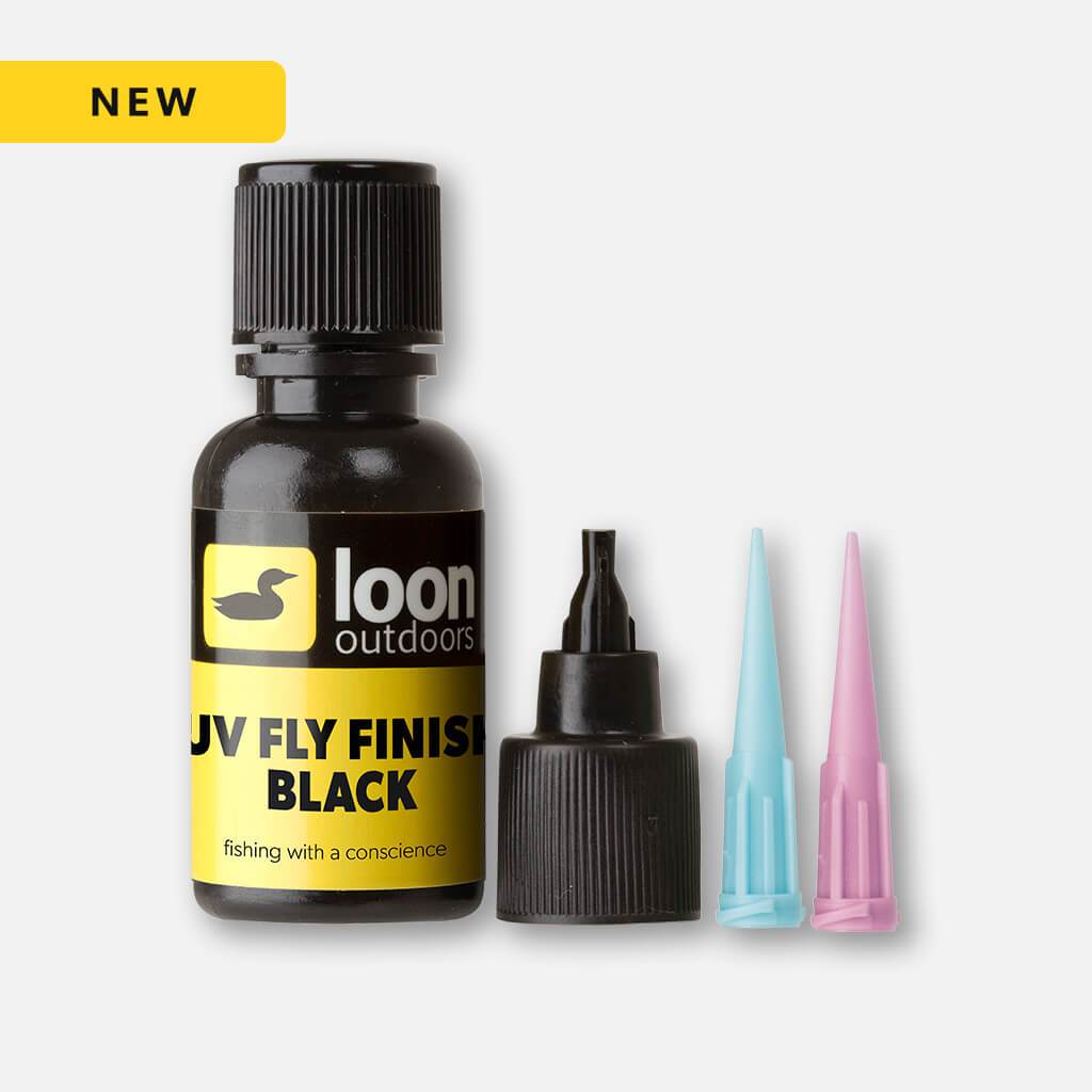 Loon UV Fly Finish black bottle with yellow label, black cap, nozzle and blue and pink applicator tips, fly tying