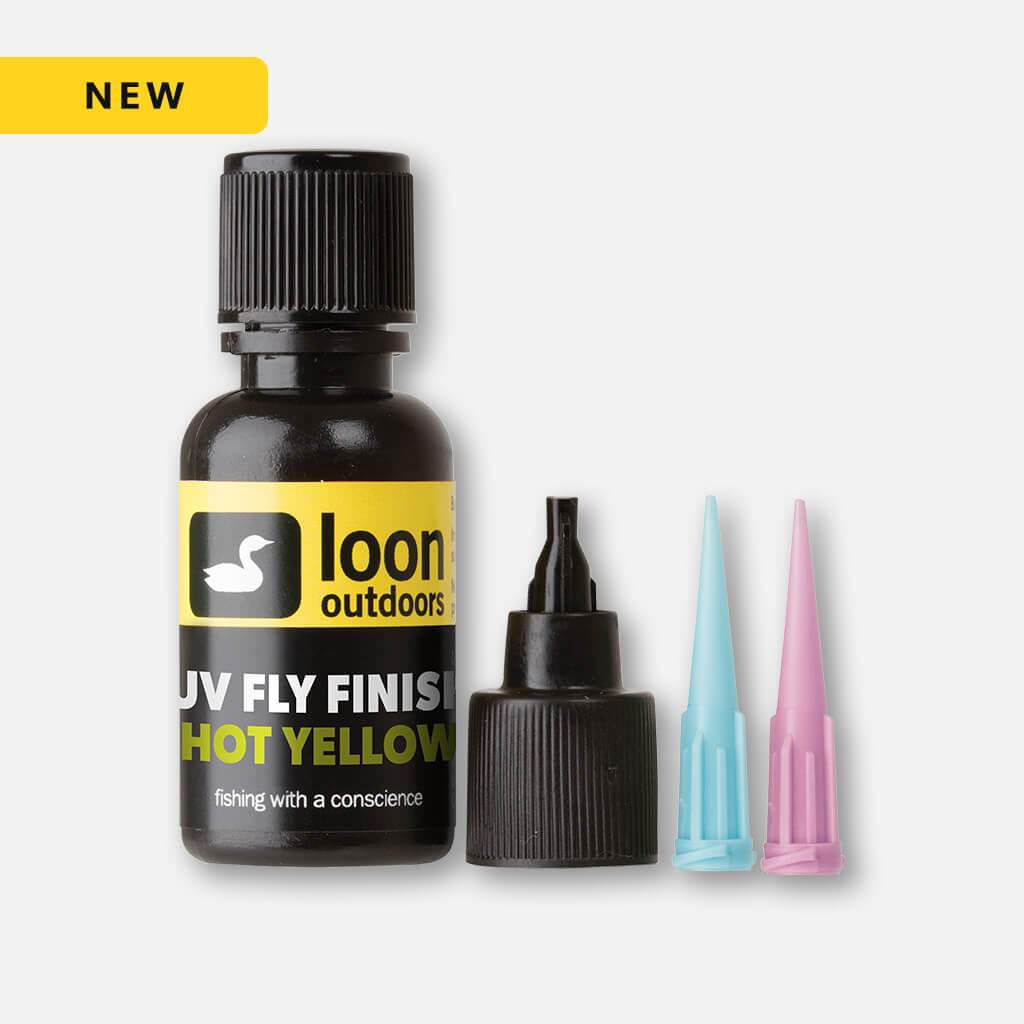 Loon UV Fly Finish bottle with hot yellow label, black cap and two plastic applicator tips blue and pink for fly tying
