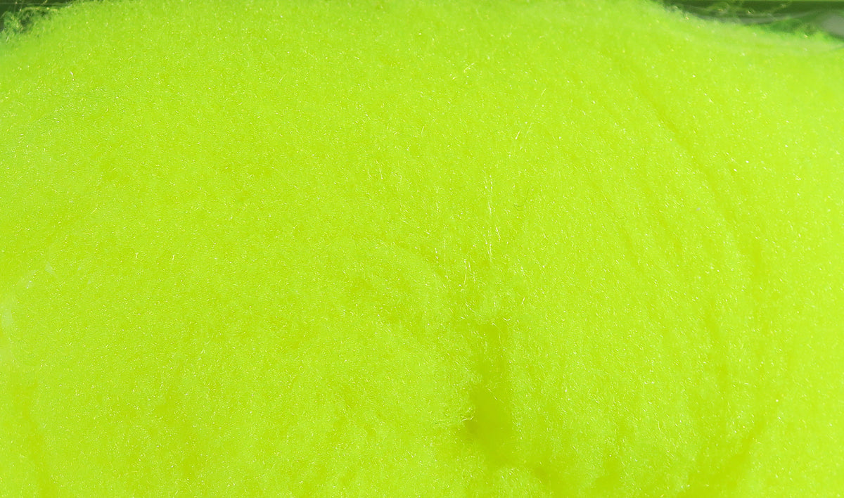 Neon chartreuse synthetic McFlyFoam fly tying yarn, fuzzy fibrous texture for high-visibility flies