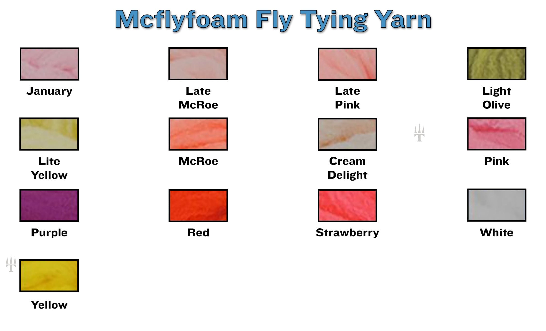 McFlyFoam fly tying yarn color chart with labeled rectangular swatches in pinks, olive, yellow, purple, red and white