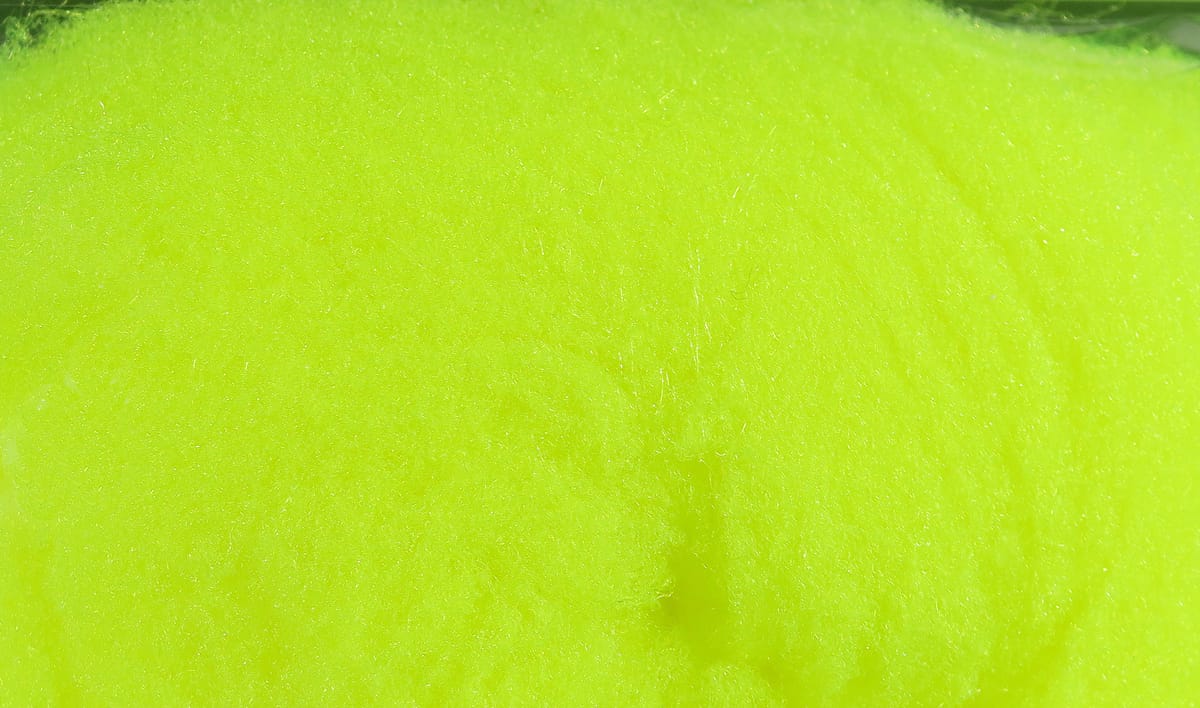 Neon chartreuse synthetic McFlyFoam fly tying yarn, fuzzy fibrous texture for high-visibility flies