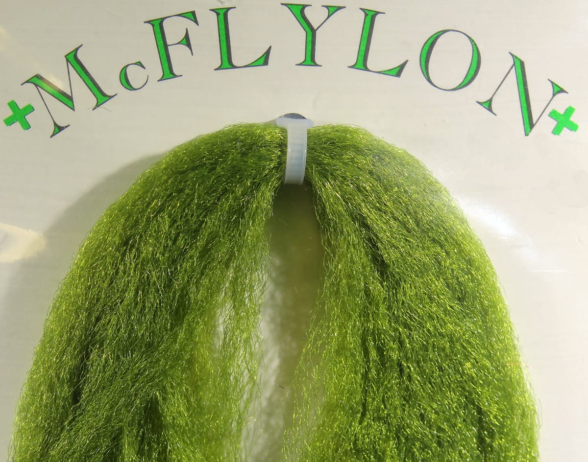 Chartreuse green shiny synthetic McFlylon fiber bundle for fly tying, long textured PolyPro strands looped at top